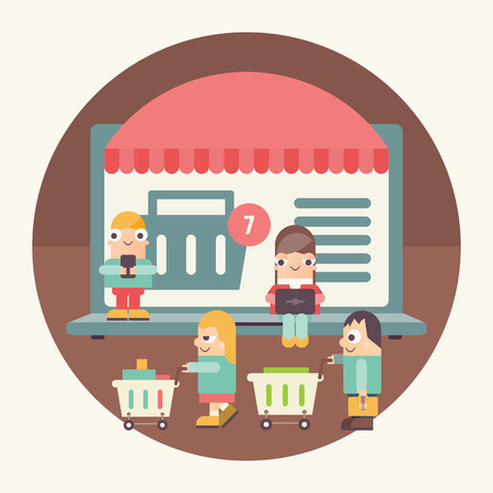 Online Shopping Poster. E-commerce Concept. Funny Cartoon People Making Purchases Using Laptops near Big Monitor with Storefront. Purchasers with Shopping Carts. Vector Illustration. Retro Style.
のイラスト素材