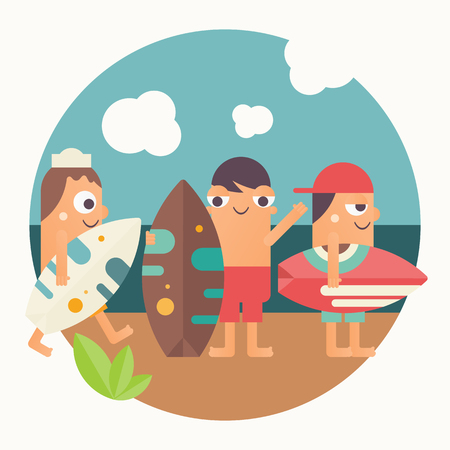 Surfing Poster. Funny Cartoon Surfers with Surfboard on Beach. Vector Illustration. Retro Design. Emblem for Surfing Club, Website or Online Shop of Surf Equipment.のイラスト素材