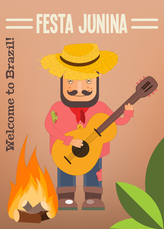 Festa Junina - Brazil June Festival. Poster for Folklore Holiday. Funny  Hick in Straw Hat Plays the Guitar near Bonfire. Vector Illustration.のイラスト素材