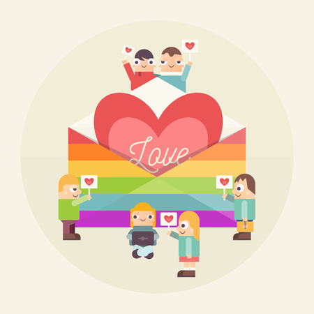 LGBT People Community Poster. LGBTQ Group of Cartoon Cute Boys and Girls near Huge Rainbow Envelope with Big Heart. Human rights. Vector Illustration. Emblem for Love Parade or Online Dating.のイラスト素材