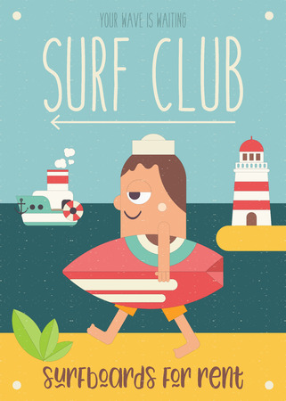 Surfing Poster. Funny Cartoon Surfer with Surfboard Walking along Beach. Vector Illustration. Retro Design. Placard for Surfing Club, Website or Online Shop of Surf Equipment. Hello Summer.のイラスト素材