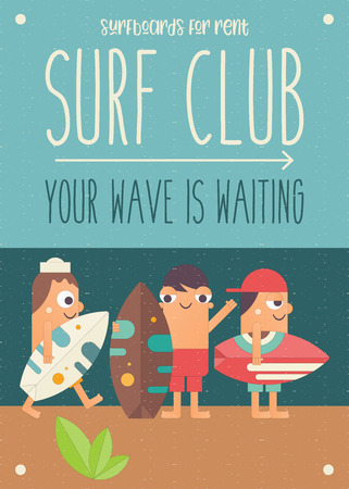 Surfing Poster. Funny Cartoon Surfers with Surfboard on Beach. Vector Illustration. Retro Design. Placard for Surfing Club, Website or Online Shop of Surf Equipment. Hello Summer.のイラスト素材