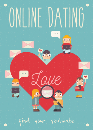 Online Dating Retro Poster. Cartoon People Send and Receive Love Email Messages via Mobile Gadget. Internet or Remote Relationship Concept. Vector Illustration. Vertical Format. Find your Soulmate.のイラスト素材