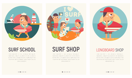 Mobile App Page Onboard Screen Set. Screens Template for Surf Shop, Surfing School, Longboard Online Store. Vector Illustration. User Interface Kit in Flat Design.のイラスト素材
