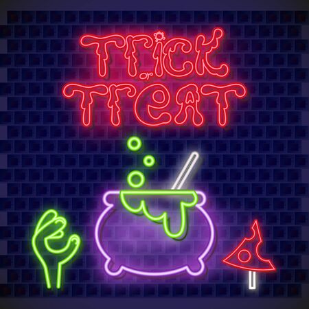 Halloween Card. Trick or Treat Neon Banner with Neon Pot, Zombie Hand and Amanita. Brick Wall Background. Vector Illustration.のイラスト素材