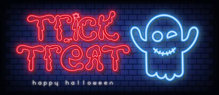 Halloween Card. Trick or Treat Neon Banner with Neon Ghost. Brick Wall Background. Vector Illustration.のイラスト素材