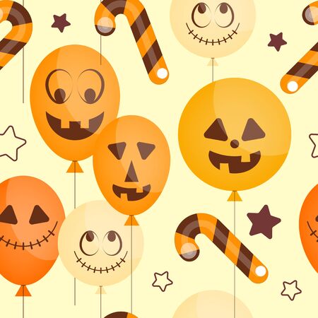 Halloween holiday seamless pattern, october background with funny balloons and candy cane. Colorful Vector illustration. Great for wrapping paper.のイラスト素材
