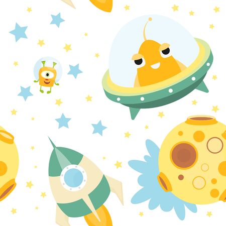 Funny Space Monsters Seamless pattern - Cartoon Cute Aliens, UFO and Planets. Space background. Vector Illustration. Print for Wallpaper, Baby Clothes, Greeting Card, Wrapping Paper.のイラスト素材