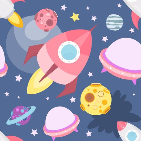 Space Seamless pattern - Cartoon Planets and Rockets. Space background. Vector Illustration. Print for Wallpaper, Baby Clothes, Greeting Card, Wrapping Paper.のイラスト素材