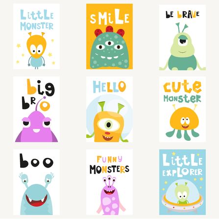 Funny Space Monsters Posters Set - Cartoon Aliens and Galaxy Monsters with Shuttles, Rockets and Spaceships. Kids Illustration for Baby Clothes, Greeting Card, Nursery Decor. Vector Illustration.のイラスト素材