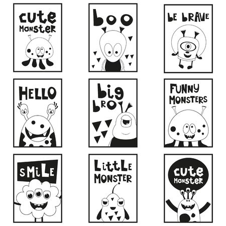 Cartoon Funny Monsters - Monochrome Posters Set. Kids Prints for Baby T-shirt, Greeting Card, Nursery Decor. Vector Illustration. Black and White Placards.のイラスト素材