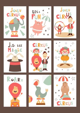 Funny Circus Posters Set - Cartoon Circus Animals and Characters - Clown, Tamer, Illusionist. Kids Illustration for Baby Clothes, Greeting Card, Nursery Decor. Vector Illustration. Cute Lettering.のイラスト素材