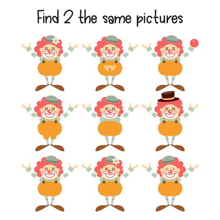 Kids Game - Find Two the Same Clowns. Circus Mini Games for Preschool, Kindergarten, School. Vector Illustration.のイラスト素材