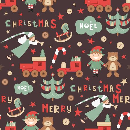 Christmas Seamless pattern. Cute Christmas Characters and Objects - Angel, Elf, Bear, Tree, Toys. Xmas Retro background. Vector Print for Wallpaper, Packing. Don't contain clipping mask and gradient.のイラスト素材