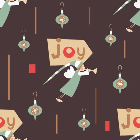 Christmas Seamless pattern. Cute Christmas Characters and Objects - Angel, Decorations. Xmas Retro Dark background. Vector Print for Wallpaper, Packing. Don't contain clipping mask and gradient.のイラスト素材