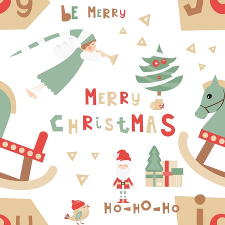 Christmas Seamless pattern - Cute Christmas Characters and Objects - Santa, Angel, Wooden Horse, Tree. Xmas background. Vector Print for Wallpaper, Packing. Don't contain clipping mask and gradient.のイラスト素材