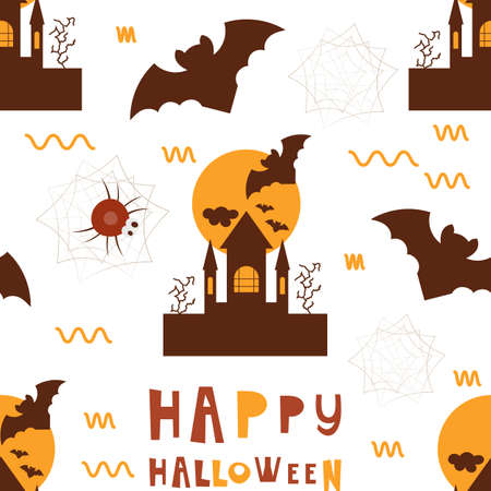 Halloween Seamless Pattern - Cartoon Halloween Characters â Bat, Spider, Castle. Vector Illustration.  Pattern don't contain gradient and clipping mask.のイラスト素材