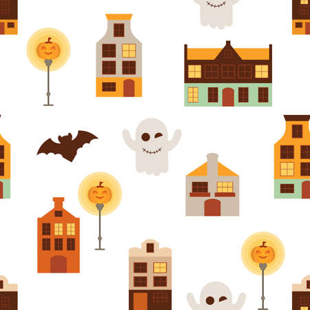 Halloween Seamless Pattern - Cartoon Halloween Characters â Ghost, Bat, Jack-o-lantern. Vector Illustration.  Pattern don't contain gradient and clipping mask.のイラスト素材