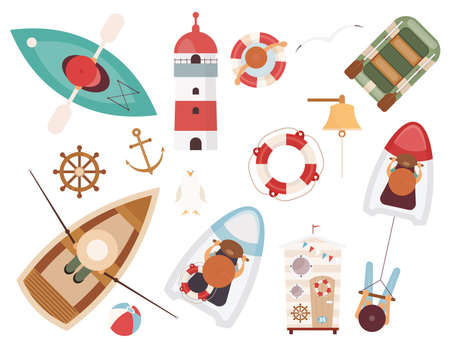Sea vacation elements set. summer travel. vector illustration. water sports clipart. isolated on...