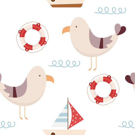 Summer Beach Seamless Pattern with marine elements â cute seagull, sail boat, lifebuoy. vector illustration.のイラスト素材
