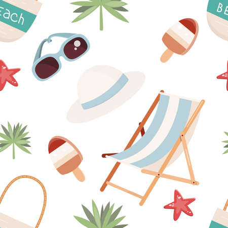 Summer Beach Seamless Pattern with rest elements â€“ sunglasses, summer hat, beach deck chair,...