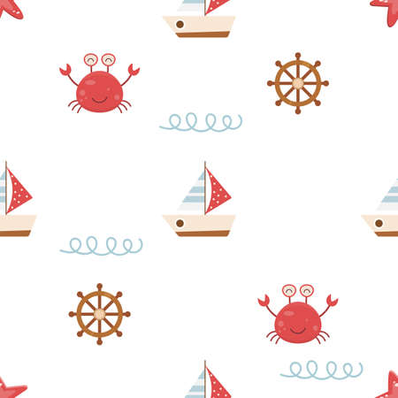 Summer Beach Seamless Pattern with marine elements â cute crab, sail boat, helm. vector illustration.のイラスト素材