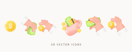 3d Money Concept Vector Icon Set. Dollar Coins, Banknotes, Wallet with Cash, Hands Holding Money. Exchange Money Concept, Online Payment, Charity Sign. 3D Vector Illustrationのイラスト素材