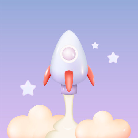 3D Space Rocket Ship Launch. Cartoon Spaceship with Smoke from Turbines. Startup Business Concept Vector Illustrationのイラスト素材