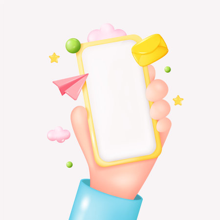 3D Hand Holding Gold Smartphone Banner. Cartoon Device Mockup. Man Holding Telephone with White Screen. Realistic Vector Illustration. Social Media Communication Conceptのイラスト素材