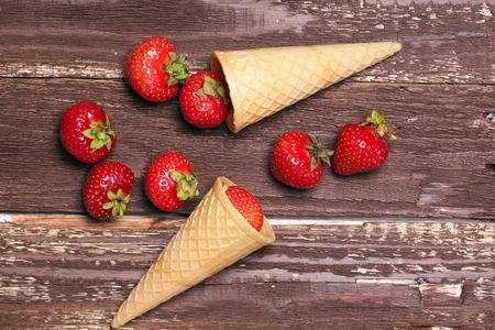 Strawberry in a two waffle coneの写真素材