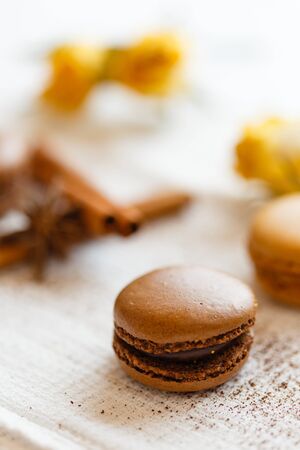 Macarons with cinnamon  sticks and anise seeds vertical close-upの写真素材