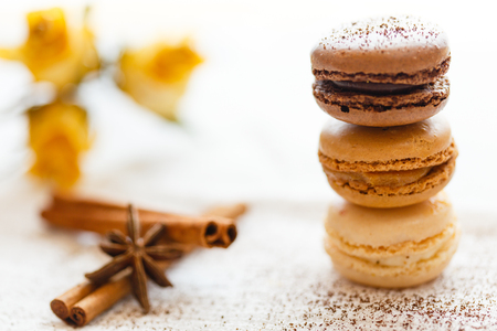 Macarons with cinnamon  sticks and anise seedsの写真素材