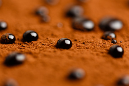 Close-up photo of chocolate drops on cacao powder surfaceの写真素材