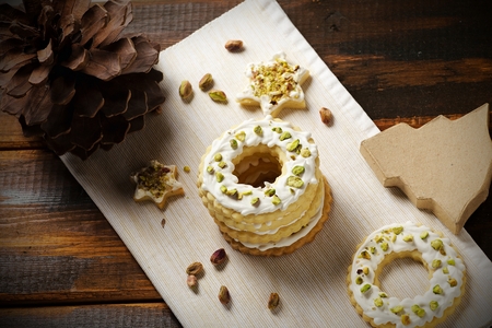 Ring cookies in decorated christmas still life closeupの写真素材
