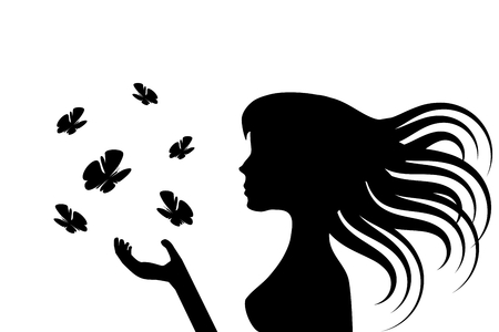 Illustration of the silhouettes of a girl with long hairs and some butterfliesのイラスト素材