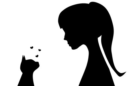 Illustration of the silhouettes of a girl with a catのイラスト素材