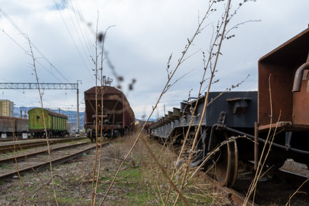 Georgia, Tbilisi. Railway junction. Old railway cars. Freight and passenger wagons out of service.