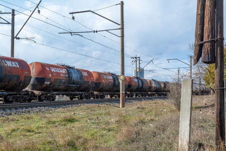 Georgia, Tbilisi. Railway junction. Old railway cars. Freight and passenger wagons out of service.の写真素材