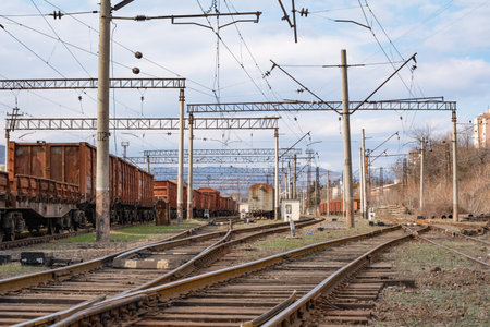 Georgia, Tbilisi. Railway junction. Old railway cars. Freight and passenger wagons out of service.の写真素材