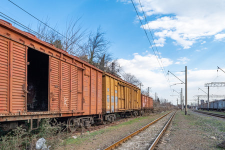 Georgia, Tbilisi. Railway junction. Old railway cars. Freight and passenger wagons out of service.の写真素材