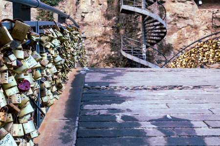 Tbilisi, Georgia. Lovers' bridge. Bridge with locks symbolizing eternal love. A tourist route.の写真素材