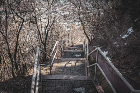 Paths and steps, the path along the mountainside through the Mtatsminda park (Tbilisi). A tourist route.の写真素材