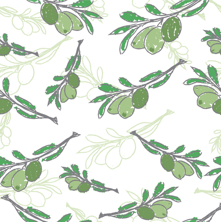 vector pattern with green olive branches on olive color backgroundのイラスト素材