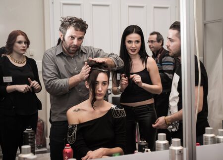 Make up, Nackstage, Fashion show, Zappion, Athens, Greece, 11 January 2015のeditorial素材