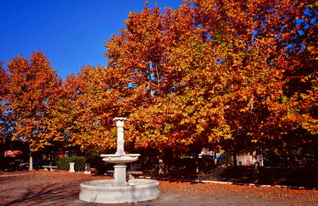 Autumn landscape in park with fountain in Greeceの写真素材