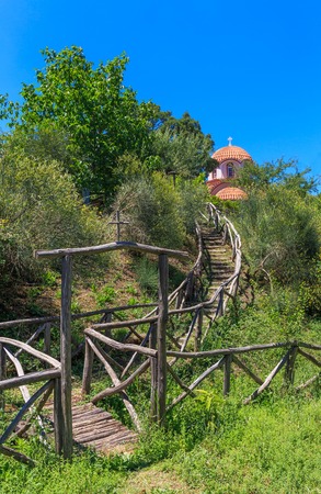wooden path to the old orthodox church, Peloponneseの写真素材
