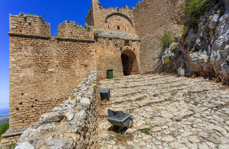 medieval fortress of Acrocorinth up on the hill against clear blue skyの写真素材