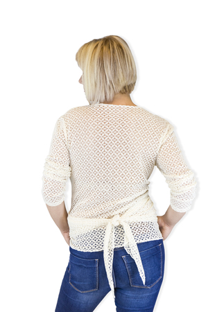 Back view of woman. beautiful blonde girl. Rear view people collection. backside view of person. Isolated over white background.の写真素材