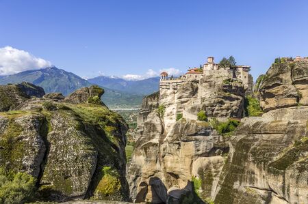 distant view on Grand Meteoro monastery, Greeceの写真素材