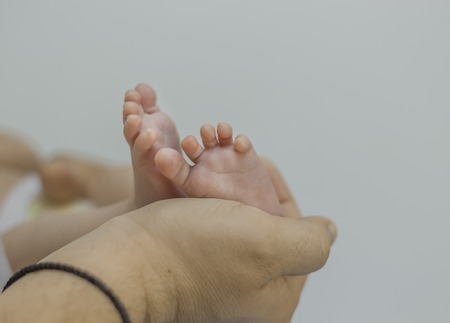 fathers hand holding newborn feetの写真素材
